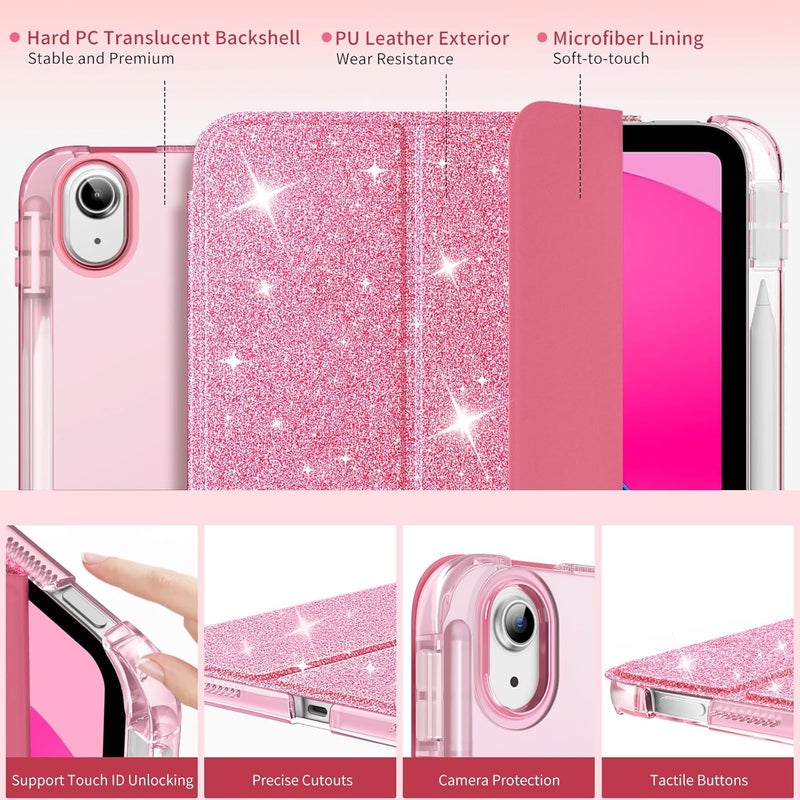 MoKo for iPad (A16) 11th Generation Case 11 Inch 2025, iPad 10th Generation Case 10.9 Inch 2022 with Pencil Holder, Slim Light Trifold Protective Cover with Hard PC Translucent Back Shell,Glitter Pink - Image 3